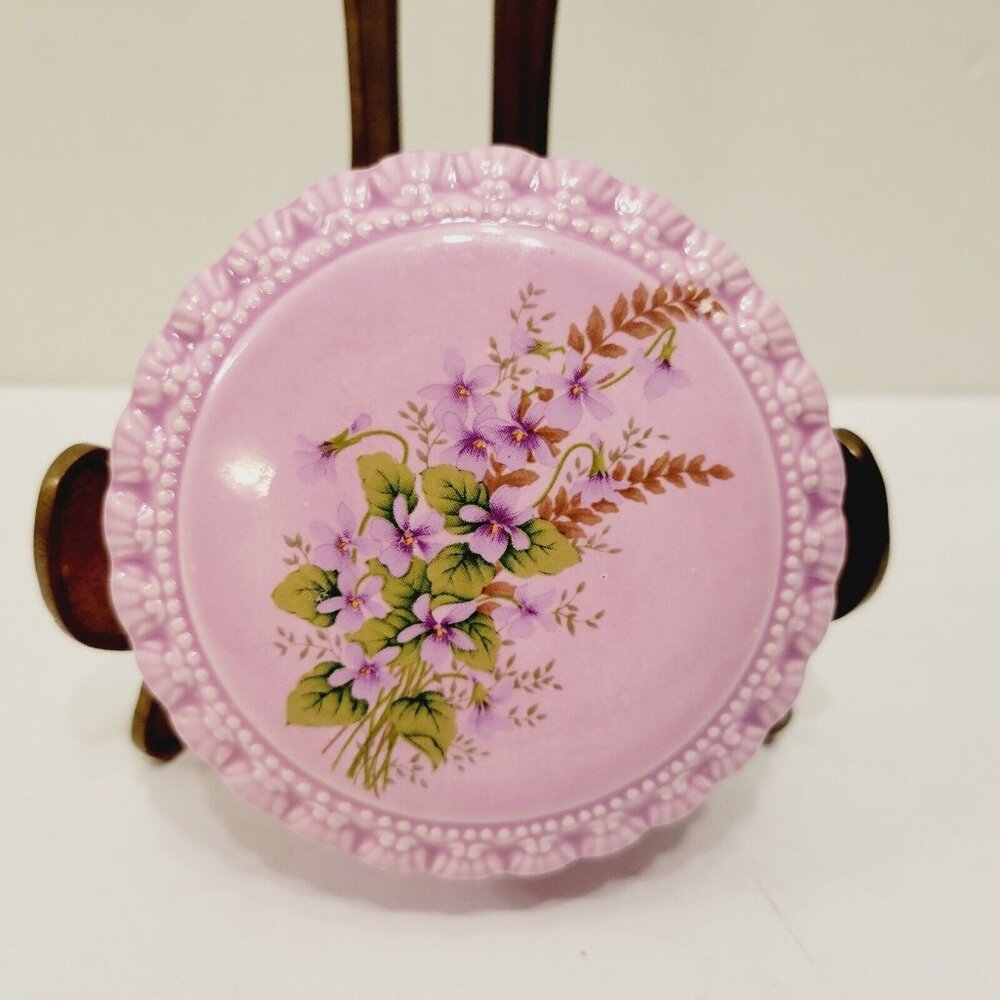 Vtg 1983 Puple Pink Floral Round Gator Mold Trinket Box READ